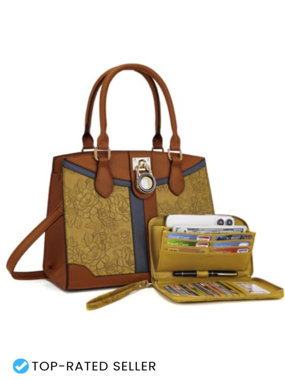 Women Vegan Leather Tote Handbag with RFID Wallet Set Adjustable Crossbody